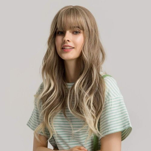OUFEI 24 Inches Ash Blonde Wigs With Bangs for Women Natural Synthetic Wavy Wigs Heat Resistant Hair Long Wigs for Daily Party Wear