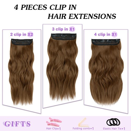 NAYOO 4PCS Clip in Hair Extensions Long Wavy Curly Synthetic Thick Hairpieces Medium Brown for Women with Fiber Double Weft Hair Full Head（16 Inch, Medium Brown）