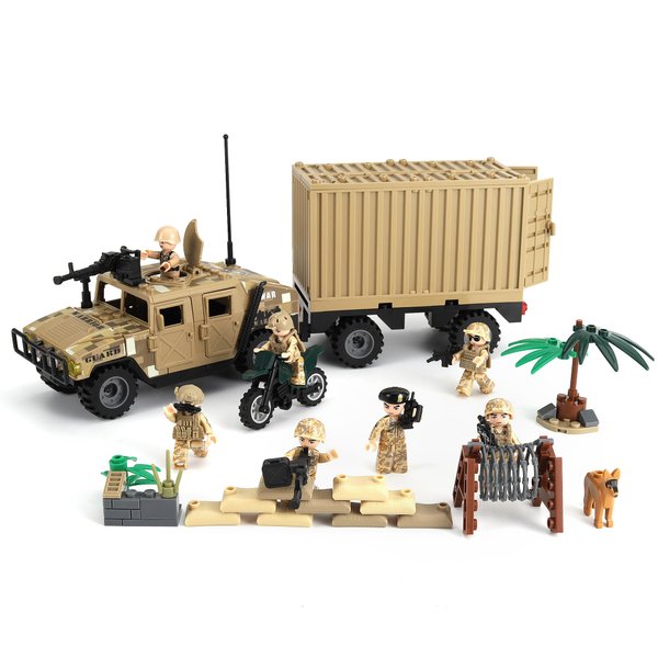 Yanscian Military Vehicle Building Blocks Sets with 7 Minifigures Army Vehicle Truck Hummer with Armory Trailer Container Building Kit Car Building Toys Gift for Boys Adult.