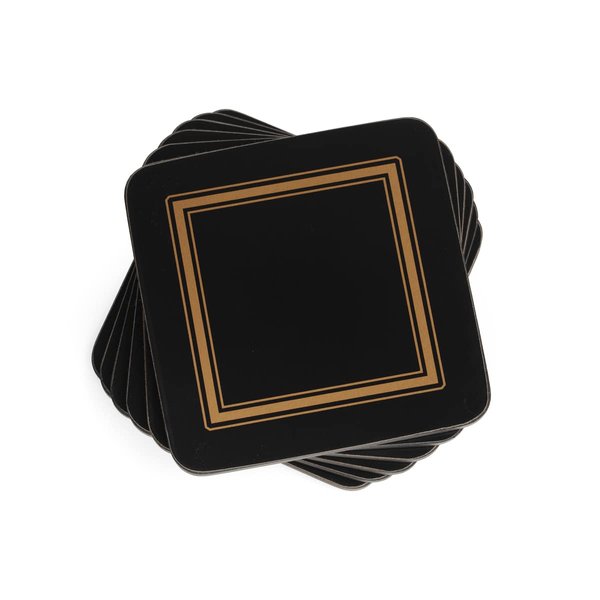Pimpernel Classic Black Collection Coasters | Set of 6 | Cork Backed Board | Heat and Stain Resistant | Drinks Coaster for Tabletop Protection | Measures 4” x 4”