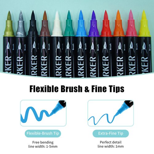 Janwana 12 Colors Acrylic Paint Markers Dual Tip Paint Pens Markers Set with Brush Tip & Fine Tip Acrylic Marker Pens for Rock Wood Glass Fabric Canvas Paper Art Supplies and DIY Crafts Painting