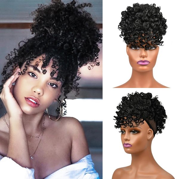 maxknow Afro Puff Drawstring Ponytail with Bangs Short Kinky Curly Ponytail Bun Pineapple Updo Hair for Black Women (Natural Black 1B)