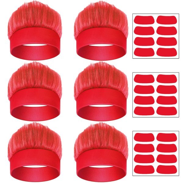 Popuid 6 Pack Hairy Headband Troll Crazy Hair Wigs with Face Stickers, Halloween Easter Party Cosplay Costume Headwear Accessories for Men Women (Red)