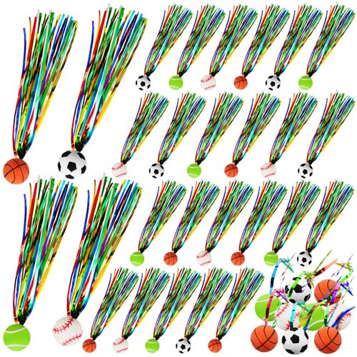 Hungdao 24 Packs Sports Themed Bouncy Balls Party Favors Comets Bouncy Balls with Colorful Streamers Basketball Volleyball Baseball Soccer Mini Rubber Balls for Kids Teens Birthday Party Gifts