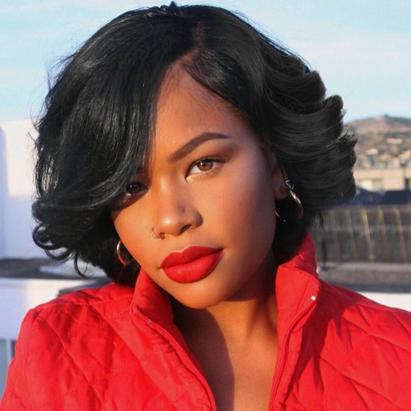 Quantum Love Short Curly Bob Wigs Loose Wave Side Part Wig for Black Women Short Body Wave Bob Synthetic Wig (Natural Black 10 inches)