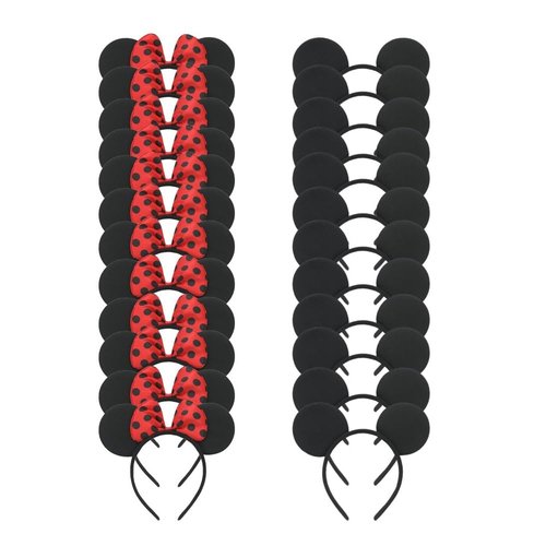 Set of 24 Mouse Costume Deluxe Fabric Ears Headband White Polka Dots Bow Boys Girls Birthday Party Hairs Accessories Baby Shower Headwear Halloween Party Favors Decorations (Red With Black Dot)