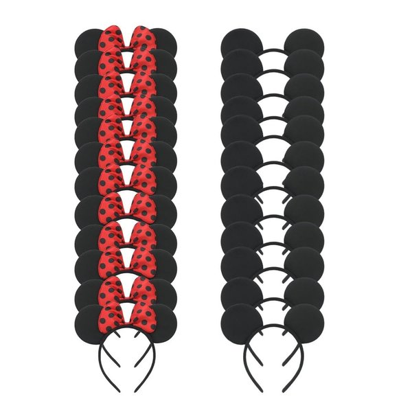 Set of 24 Mouse Costume Deluxe Fabric Ears Headband White Polka Dots Bow Boys Girls Birthday Party Hairs Accessories Baby Shower Headwear Halloween Party Favors Decorations (Red With Black Dot)