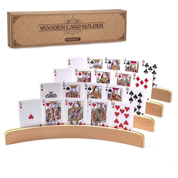 AMEROUS Wooden Playing Card Holders for Kids Seniors Adults, Long Enough Curved Wood Tray Rack Organizer for Card Game (Set of 4)