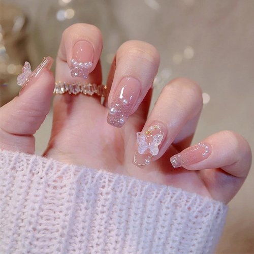 Butterfly Press on Nails Short Coffin Pink Fake Nails with Pearl and Glitter Design Acrylic Nails Glossy False Nails Rhinestone Full Cover Glue on Nails Stick on Nails for Women and Girls
