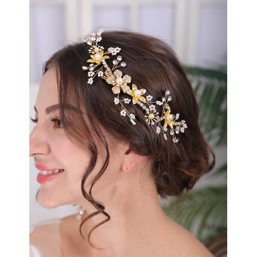 Teyglen Gold Pearl Wedding Headband Hair Vine with Rhinestone Bridal Flower Hair Clip Headband Hair Accessories for Bride Flower Headpiece for Women Girls