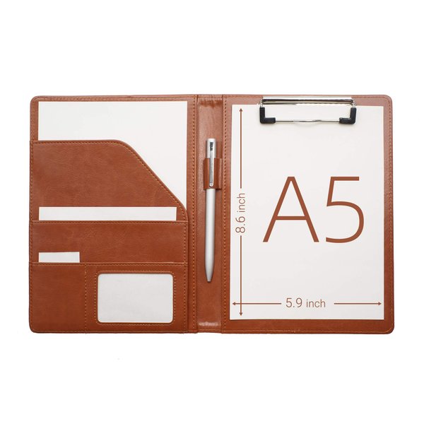 Junior Padfolio Clipboard Small for 7 x 9 Writing Pad Refillable, Mymazn Faux Leather Folder A5 for Folio Notepad Legal pad 5 x 8 Junior Size Folio Portfolio (Brown)