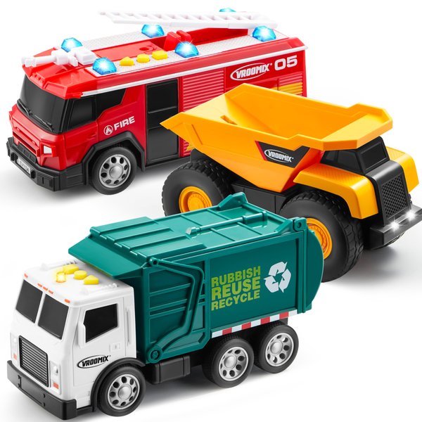 Vroomix 3-Pack Utility Trucks Vehicle Toy Set – Friction Powered Garbage Truck, Fire Truck, and Construction Vehicle with Lights and Sounds – Educational Toy Set for Boys, Ideal Gift for Kids Toddler