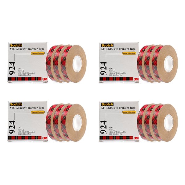 Scotch 924 Clear ATG Adhesive Transfer Tape 924 Clear, 0.50" x 36 Yard, 2.0 mil (Pack of 12)