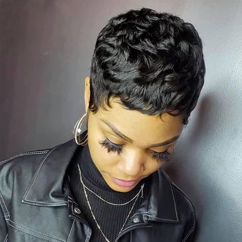 Short Human Hair Wigs for Black Women Pixie Cut Wig Human Hair Wigs for Black Women Brazilian Virgin Human Hair Full Made Wigs for Women Slight Curly 1B Color