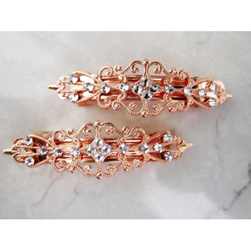 Generic Small pair of antique silver or rose gold crystal hair clip clamp (Crystal option: With crystals, Primary color: Rose gold/copper)
