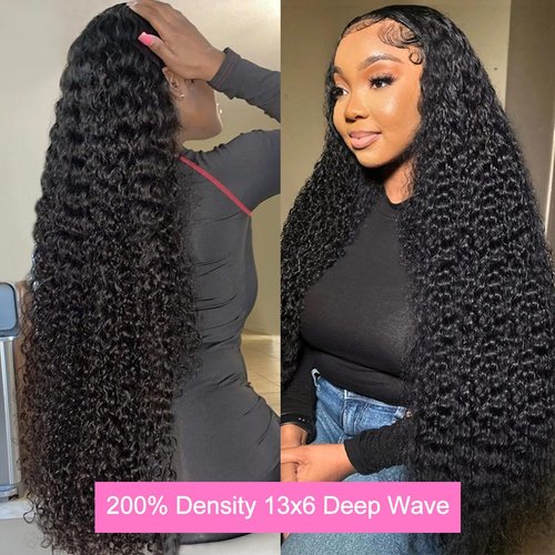 200% Density 13x6 Lace Front Wigs Human Hair Bleached Knots Glueless Deep Wave Lace Front Wigs Human Hair Pre Plucked HD Lace Bye Bye Knots Curly Human Hair Wigs for Black Women (Black, 30inch)