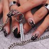 MISUD Coffin Press on Nails Medium Ballerina Fake Nails Goth Black Flame Acrylic Nails Matte Glue on Nails Cross Rhinestone Stick on False Nails with French Tip Design 24 pcs