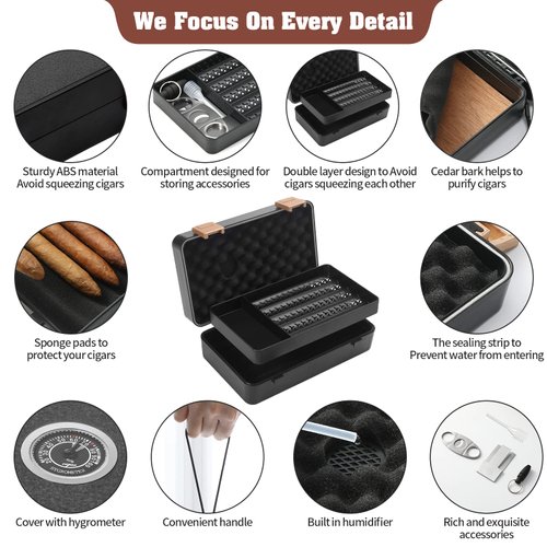 Travel Cigar Humidor Box Case Double layer design with Cigar Accessories Hygrometer&Spanish Cedar &Humidifier &Cigar Cutter & Cigar Stand &Cigar Punch CutterHold 8-10 Cigars Waterproof Case Crushproof