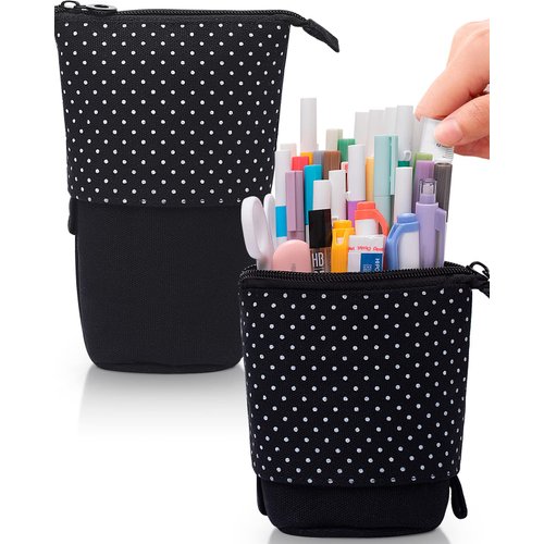 Sooez Pop Up Pencil Case, Cute Stand Up Durable Pen Pouch, Telescopic Kawaii Standing Spacious Pencil Pouch Portable Pencil Holder Bag for School Office (Black)