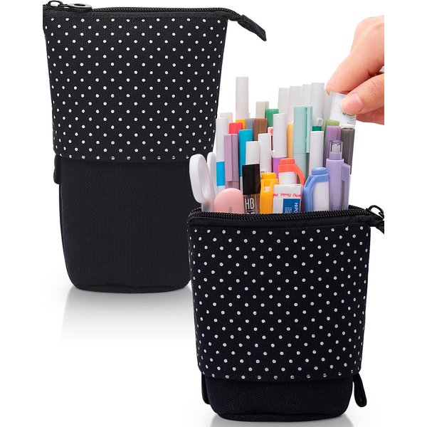 Sooez Pop Up Pencil Case, Cute Stand Up Durable Pen Pouch, Telescopic Kawaii Standing Spacious Pencil Pouch Portable Pencil Holder Bag for School Office (Black)