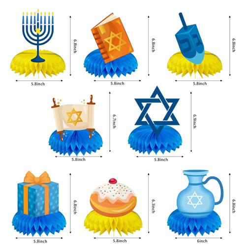 Hanukkah Honeycomb Table Centerpieces Chanukah Table Decorations Star of David Menorah Dreidel Table Toppers Cutouts Hanukkah Table Decorations for Judaism Wedding,Hanukkah Party Supplies 8 Pieces