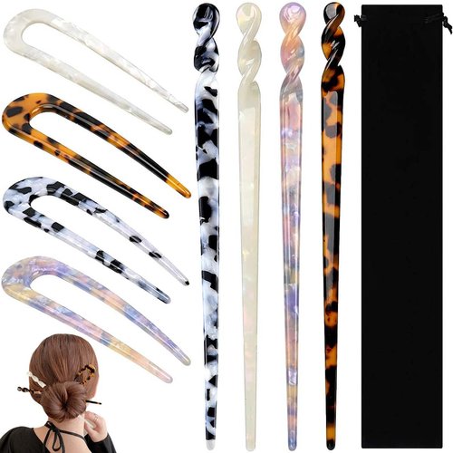8 Pieces Acetate Hair Pins Sticks U-Shaped Straight Chopsticks Hairpin Hair Styling Accessories, Vintage Hair Pin Fork Hair Clips for Girls Women Updos Buns(Type A)