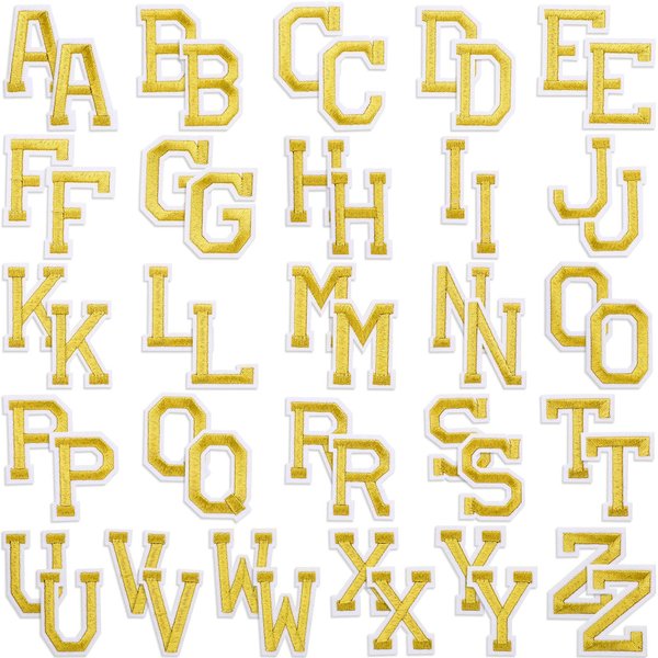 52 Pieces Iron On Letters Patches Sew On Alphabet Appliques with Ironed Adhesive Letter A-Z Embroidered Decorative Repair Patches for Shoes Hat Bag Clothing Supplies (Gold)