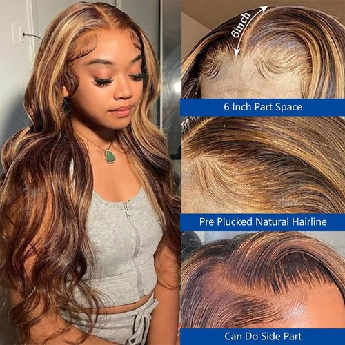 Glegov Highlight Ombre Lace Front Wig Human Hair 13x6 HD Transparent Honey Blonde Lace Frontal Wig 4/27 Highlight Ombre Lace Front Wigs Human Hair Wigs for Black Women Pre Plucked 180% Density 22Inch