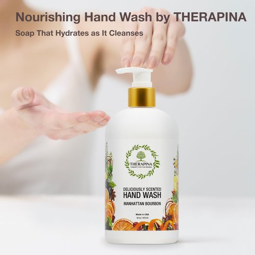 THERAPINA Aromatherapy Luxury Liquid Hand Soap – Vegan, Moisturizing Hand Wash with Aloe Vera, Botanical Oils, Manhattan Bourbon Scent – Fancy Liquid Hand Soap for Bathrooms, Kitchen, More, 16 Oz.