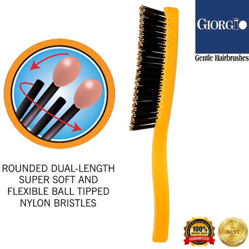 Giorgio GION1O Neon Orange 7.75 inch Gentle Touch Detangler Hair Brush for Men and Women. Soft Bristles for Sensitive Scalp. Wet and Dry for all Hair Types. Scalp Massager Brush Stimulate Hair Growth