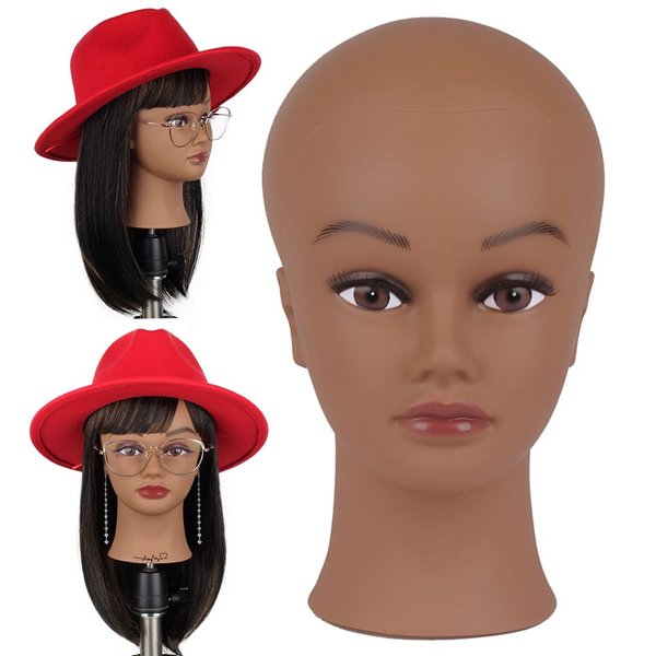 NEWSHAIR 21 Inch Bald Mannequin Head with Eyelash Female Wig Head Professional Cosmetology for Wig Making and Display Hat Helmet Glasses or Masks Display Head Model with Free T-Pins (Dark Brown)