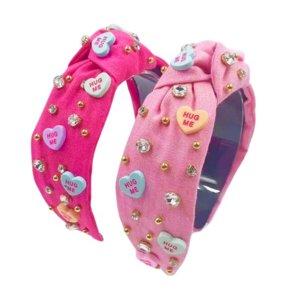 Valentine’s Day Headband for Women 2 pack| Hot Pink & Light Pink Hearts & Jewels Top Knot Heart XOXO Luv U Rhinestones Crystals Beaded Galentine’s Heart Candy Charms