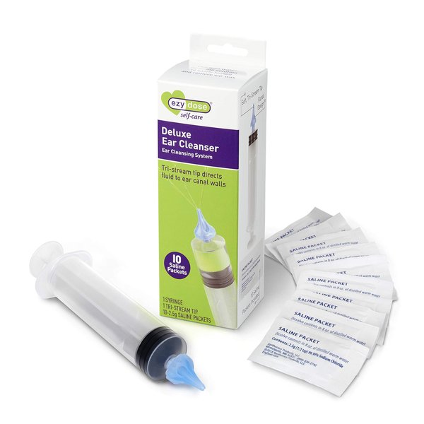 Ezy Dose Ear and Ear Wax Cleaner for Humans, Includes 10 Saline Packs, Syringe with Tri-Stream Tip, Safe and Antibacterial, BPA Free Ear Cleaning Solution