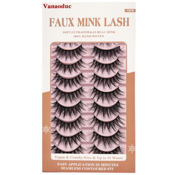 VANAODUC Eyelashes False Lashes Natural Look,Wispy Eyelashes Round Mink Lashes Long 15-22MM False Eyelash Strips 10 Pairs Pack, Fake Eyelashes Lightweight & Comfortable, Reusable, Cruelty-Free