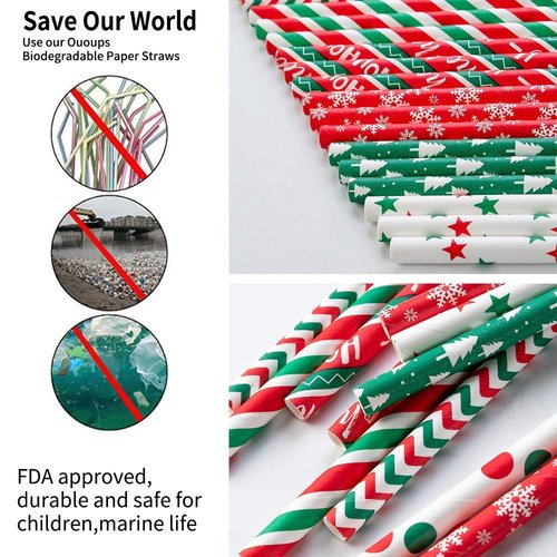 Paper Straws Christmas 100-Pack Biodegradable, 7.75 Inches, Stripe Paper Straws, Red, Green, Dot, Bulk, Snow, Christmas Paper Straws Ououps, Thanksgiving Christmas Holiday Gift…