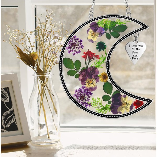 KY&BOSAM Gifts for Mom I Love You to The Moon and Back Moon Suncatcher Stained Glass Hangings Wind Chime Pressed Flower Moon Embedded in Glass with Metal Charm Mother`s Day Birthday