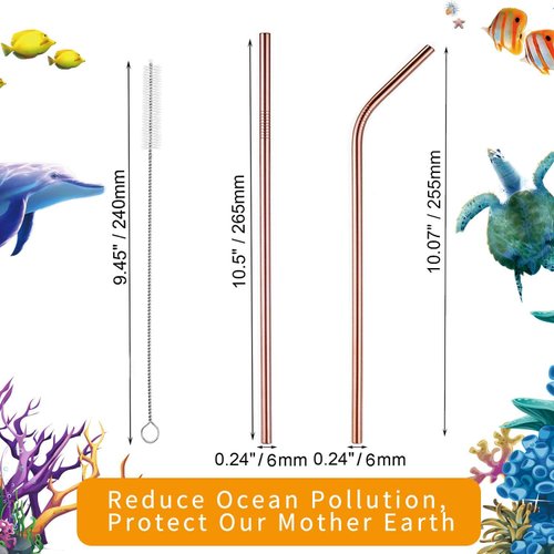 VEHHE Metal Straws Reusable Stainless Steel Straws Drinking Rose Gold 4 Set - Ultra Long 10.5" Cleaning Brush for 20/30 Oz for Yeti RTIC SIC Ozark
