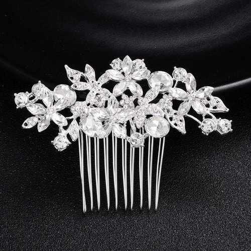 Crystal Wedding Flower Hair Comb Silver Bridal Side Hair Combs Rhinestone Leaf Headpiece Handmade Diamond Hairpiece Bride Hair Accessories for Women (Silver)