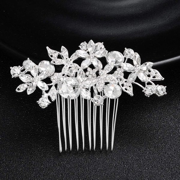 Crystal Wedding Flower Hair Comb Silver Bridal Side Hair Combs Rhinestone Leaf Headpiece Handmade Diamond Hairpiece Bride Hair Accessories for Women (Silver)