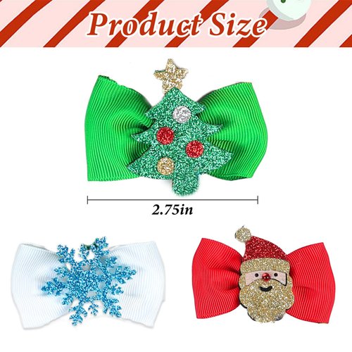 3pcs Christmas Bow Hair Clips for Girls, Red Green White Bow Hair Clips Sparkly Santa Clause Snowflake Xmas Tree Hair Barrettes, Christmas Hair Accessories Party Favors Gifts for Baby Girls Toddlers