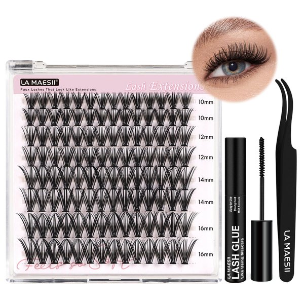 LA MAESII DIY Lash Extension Kit, 30D Lash Clusters Kit Cluster Eyelash Extensions Kit 10-16mm Individual Lashes with Lash Glue and Lash Applicator, Faux Mink Lashes Soft Thin Band Reusable (30D-Kit)