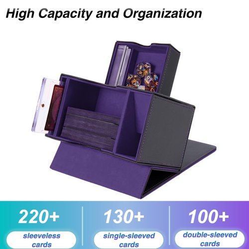 Venssu Card Deck Box for MTG Commander, Mtg Deck Box for Commander Display,Fits 100 Double-Sleeved Cards, 35pt Card Brick, Dice Tray and Dice Tower (Black and Purple)
