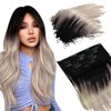 Ugeat Clip in Hair Extensions Balayage Remy Hair Extensions Clip in Human Hair Ombre Black to Ash Blonde with Blonde Double Weft Human Hair Clip in Extensions 14 Inch 7pcs