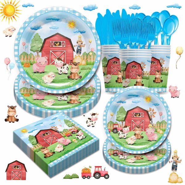 Piooluialy Farm Animal Party Supplies Tableware Set - Farm Birthday Baby Shower Decorations Include Dinner Plates, Cups, Napkins, Cutlery, Farm House Animal Barnyard Theme Party Supplies | Serves 24