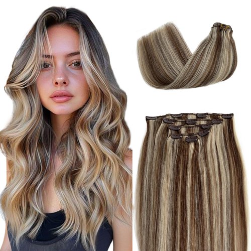 Clip in Hair Extensions 18 Inch Clip in Human Hair Extensions Five Piece Blonde Highlights with Brown Remy Hair Extensions Clip on Double Weft Platinum Blonde with Highlights Clip ins Human Hair