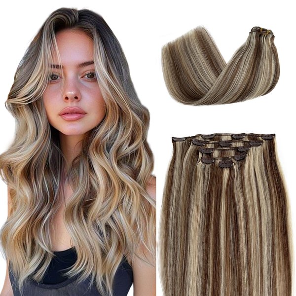 Clip in Hair Extensions 18 Inch Clip in Human Hair Extensions Five Piece Blonde Highlights with Brown Remy Hair Extensions Clip on Double Weft Platinum Blonde with Highlights Clip ins Human Hair