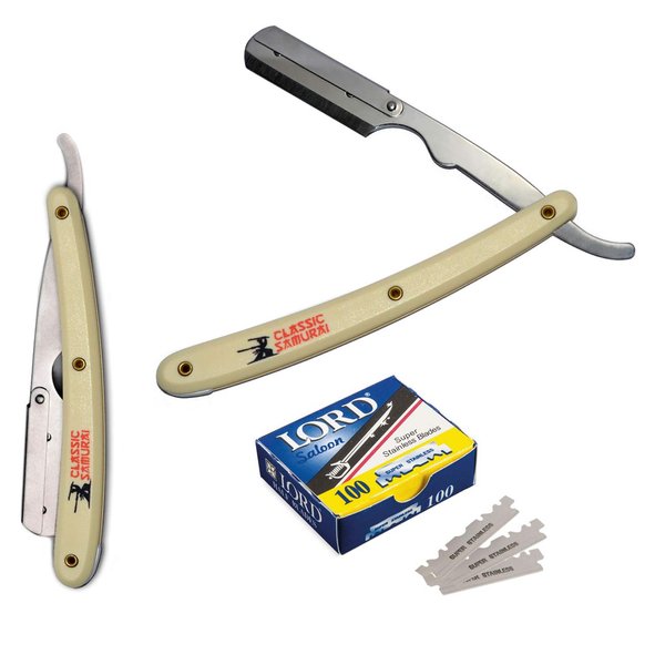 Classic Samurai Stainless Steel Premium Cut Throat Straight Razor, Shavette, Manual Shaver Men's Shaving Kit with 100 Lord Single Edge Razor Blades (Cream)
