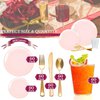 Smarty Had A Party Disposable Plastic Plates with Rim Design, Organic Round Dinnerware Bulk Order for Wedding, Birthday & All Occasions (Pink with Gold, Wedding Value Set (60 Guests))