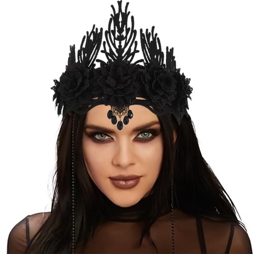 Gortin Halloween Gothic Headpiece Dark Floral Crown Black Rose Headband Vintage Crown Hair Band Cosplay Rave Party Costume Headwear Masquerade Gothic Hair Accessories for Women and Girls (Black Tiara)