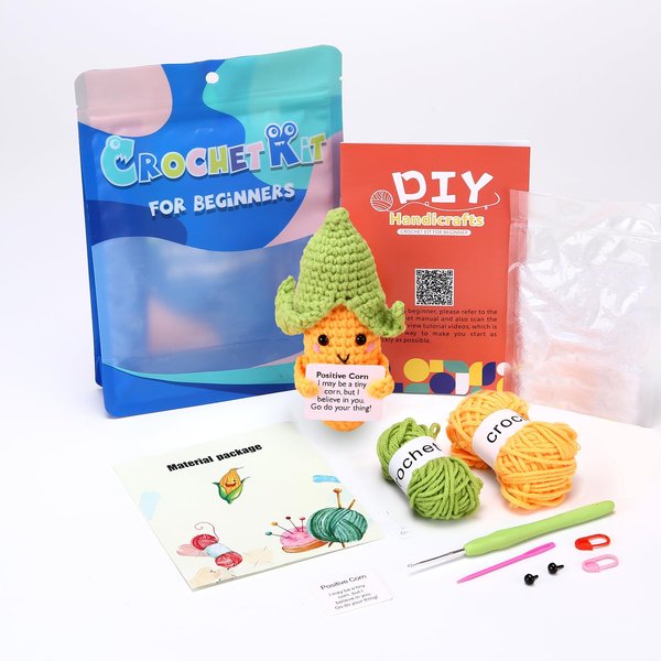 Crochet Kit for Beginners with Positive Card, Corn Beginner Crochet Kit for Adults Kids with Step-by-Step Video Tutorials, Easy Learn to Crochet Kit Knitting Kit for Beginners with Accessories